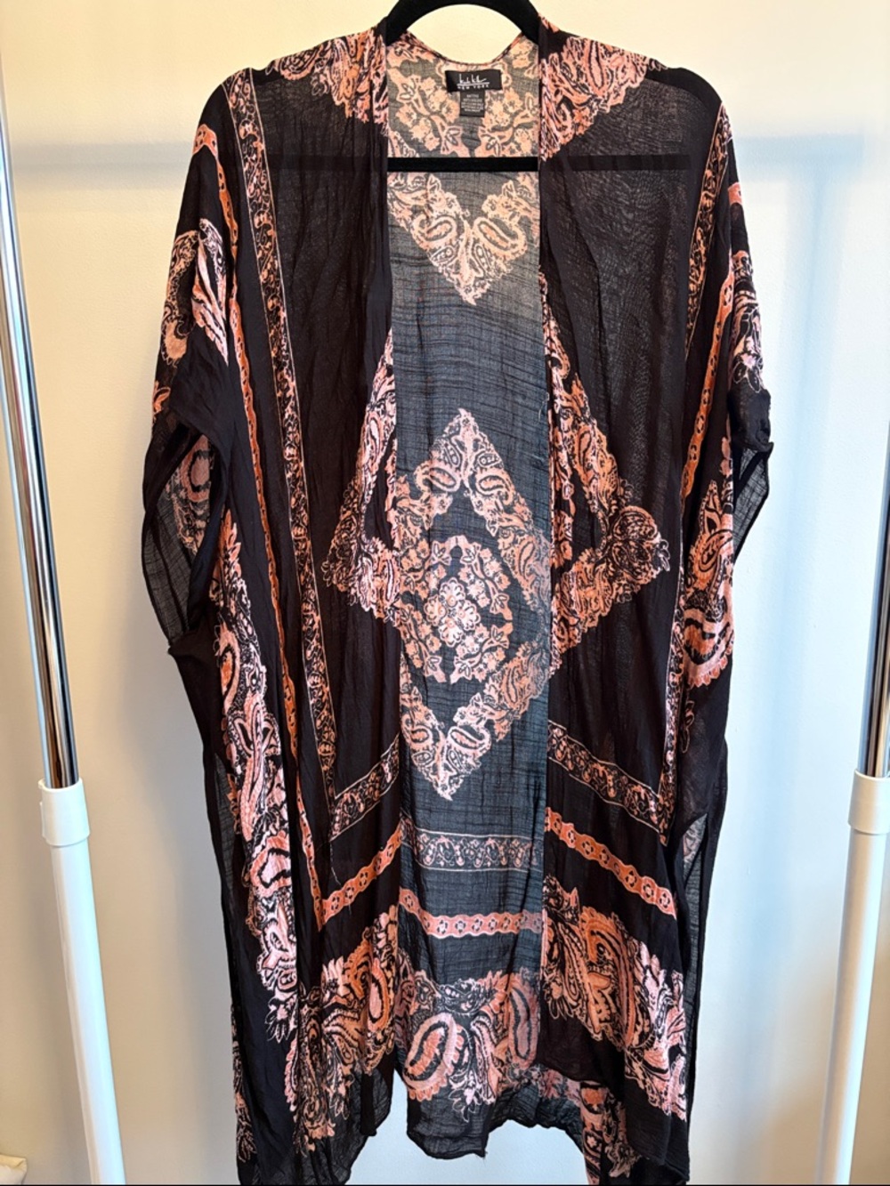 Nicole Miller Black and Peach Printed Sheer Tunic Kimono